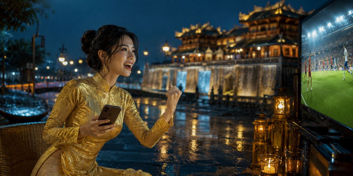 Người phụ nữ mặc áo dài tại Huế sử dụng ứng dụng cá cược trên điện thoại